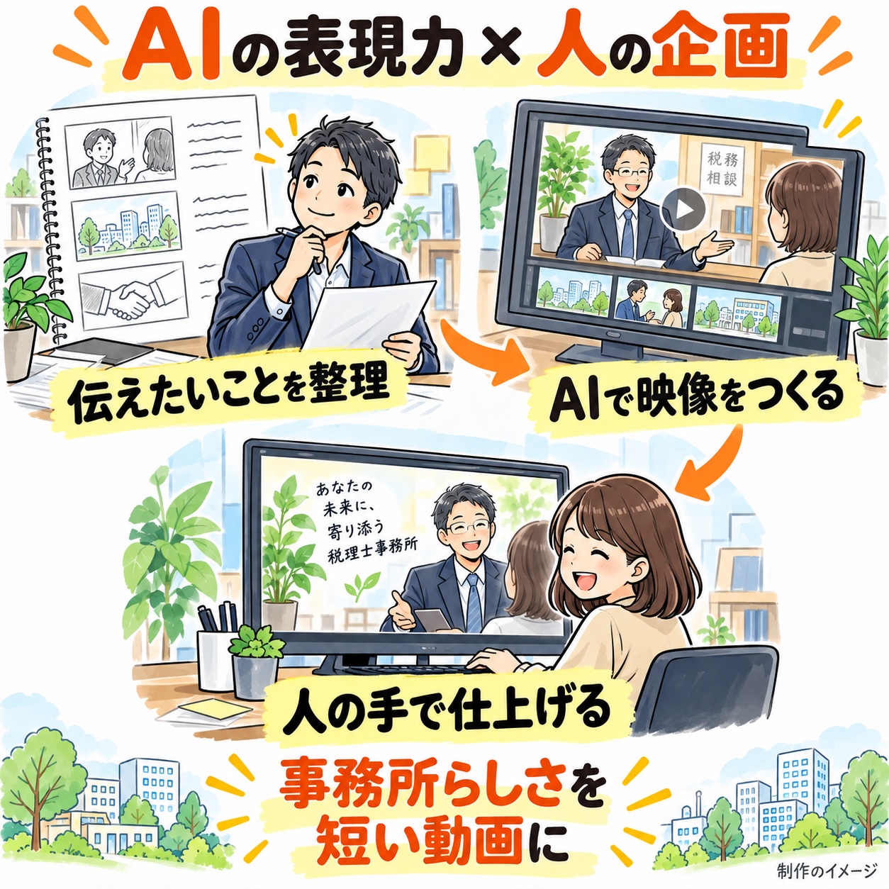 伝えたいことを整理し、AIで映像を作り、人の手で仕上げる制作のイメージ。