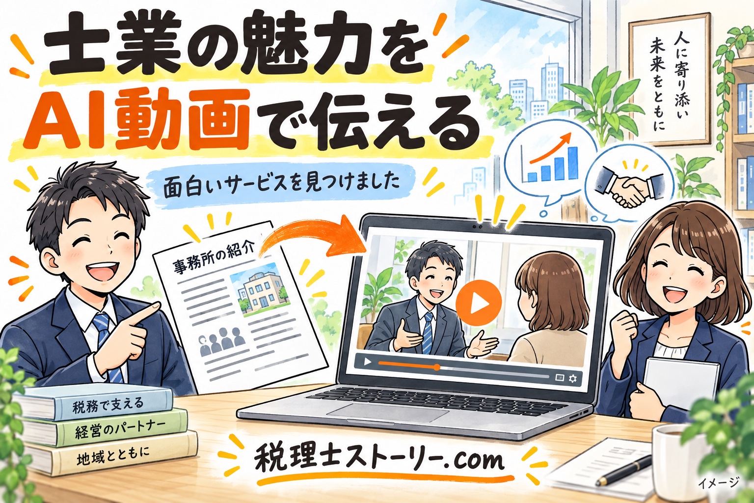 士業の魅力をAI動画で伝える。税理士事務所の紹介動画をイメージしたイラスト。